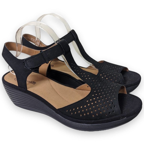 Clarks Shoes - Clarks Collection Cushion Leather Perforated Wedge Sandals Women's Sz 11 Black